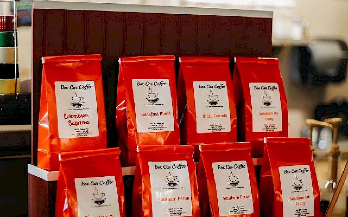 bags of locally ground coffee at a local coffee shop