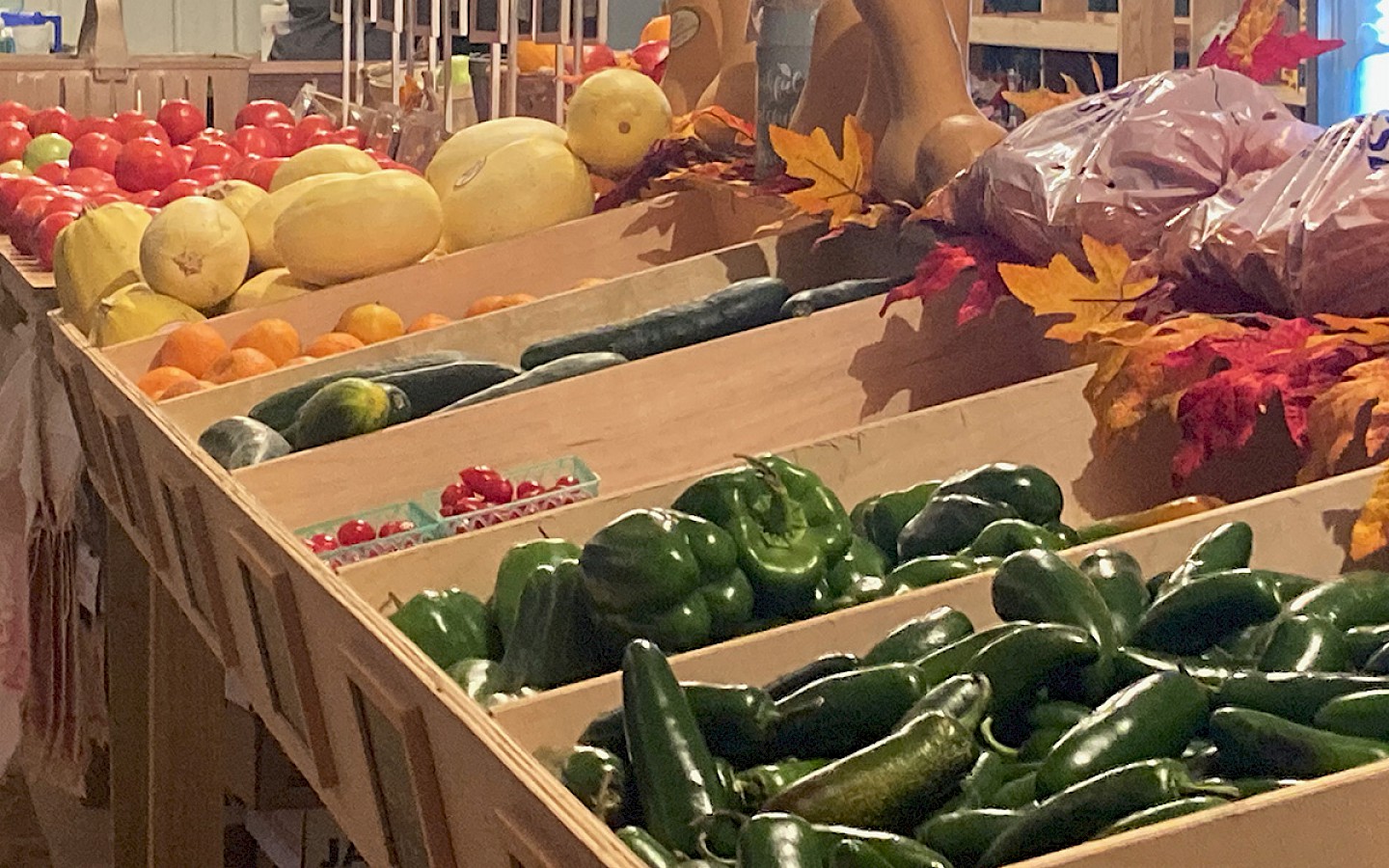 bell peppers, potatoes, squash, tomatoes, and an assortment of items on a long wooden display rack