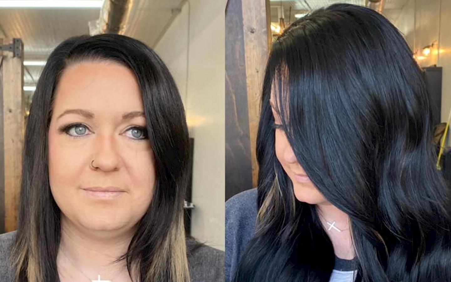 a young lady with two toned hair color, shown with after has solid black hair