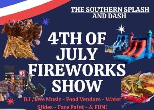 food, inflatables, music, and fireworks displayed on a red, white & blue background