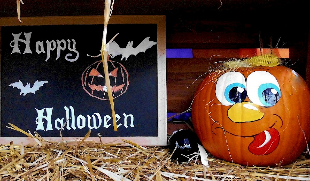 chalkboard with Happy Halloween written on it sitting in a bed of hay next to a jack-o-lantern with a silly face