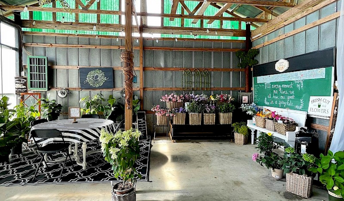 flower barn with tables and chairs to sit and bouquets all around