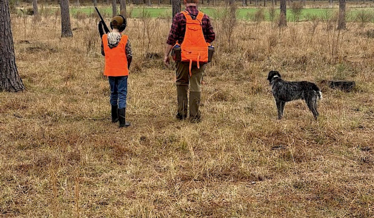 two hunters with their guide dog on a quail hunting preserve