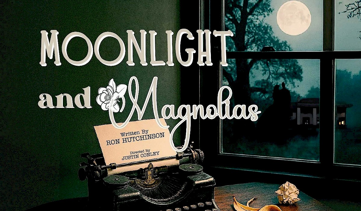 typewriter sitting on a desk overlooking a window featuring a wooded area illuminated by a full moon